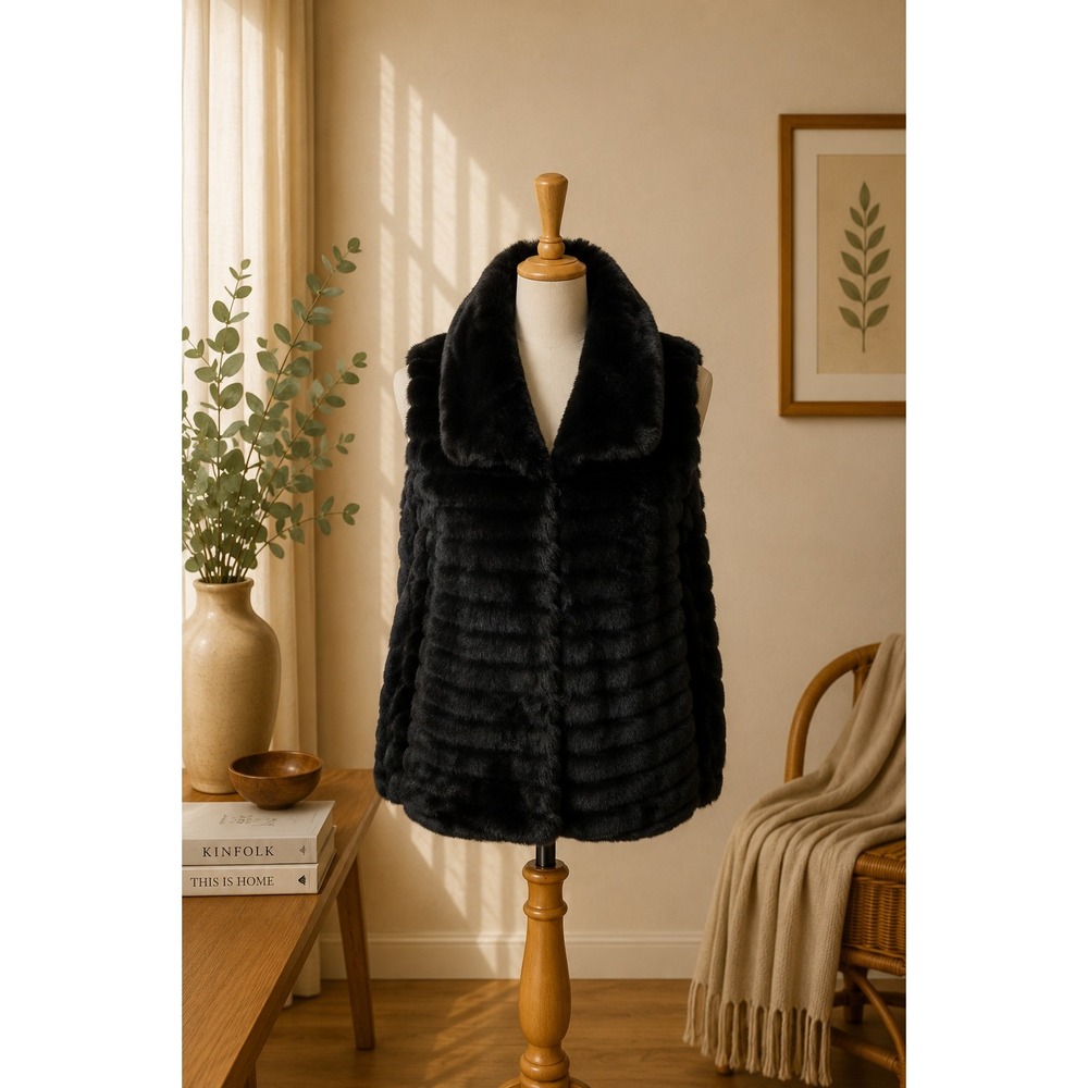 Bella‎ Black Faux Fur Vest Ribbed Plush Italian Made L/XL Luxury Edgy Statement